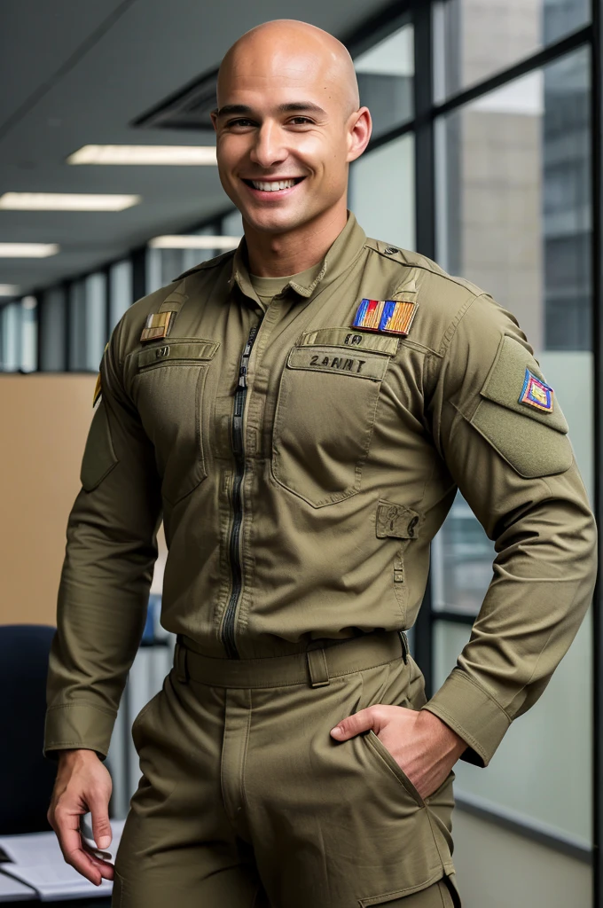 ((8k ((best quality)), ((masterpiece)), (very detailed), real face bald male muscular male full body wear soldier suit sit on office smiling