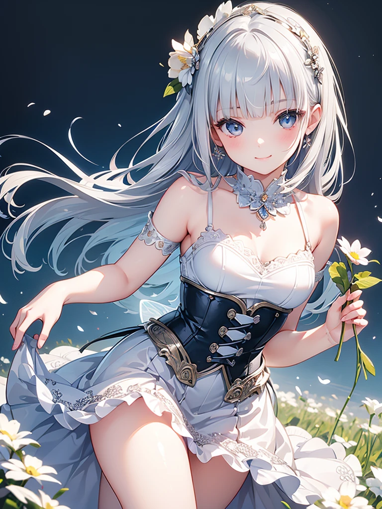 masterpiece, Highest quality, Super detailed, figure, (Realistic:1.3),cute, girl, alone, Silver Hair, Fairy, Blunt bangs, Bustier dress, Fluffy mini skirt,smile, flower, spring,
