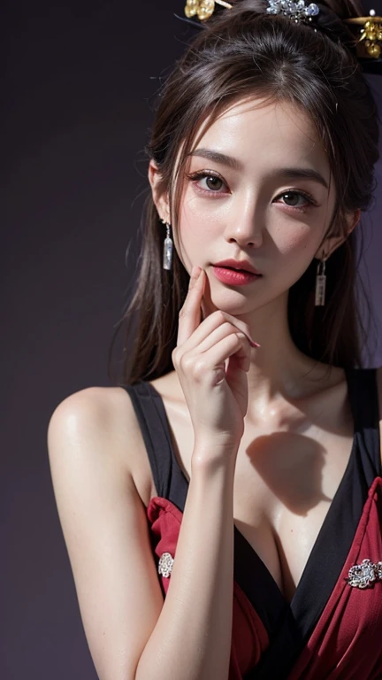(8K, Highest quality, High resolution, masterpiece :1.3, RAW Photos), ((Accurately expresses details such as face and skin texture)), ((Purple Background)), Beautiful adult woman, Long contour, Oiran, Gorgeous red kimono::2, hairpin, Captivating look, Strike a Pose, Earrings,
