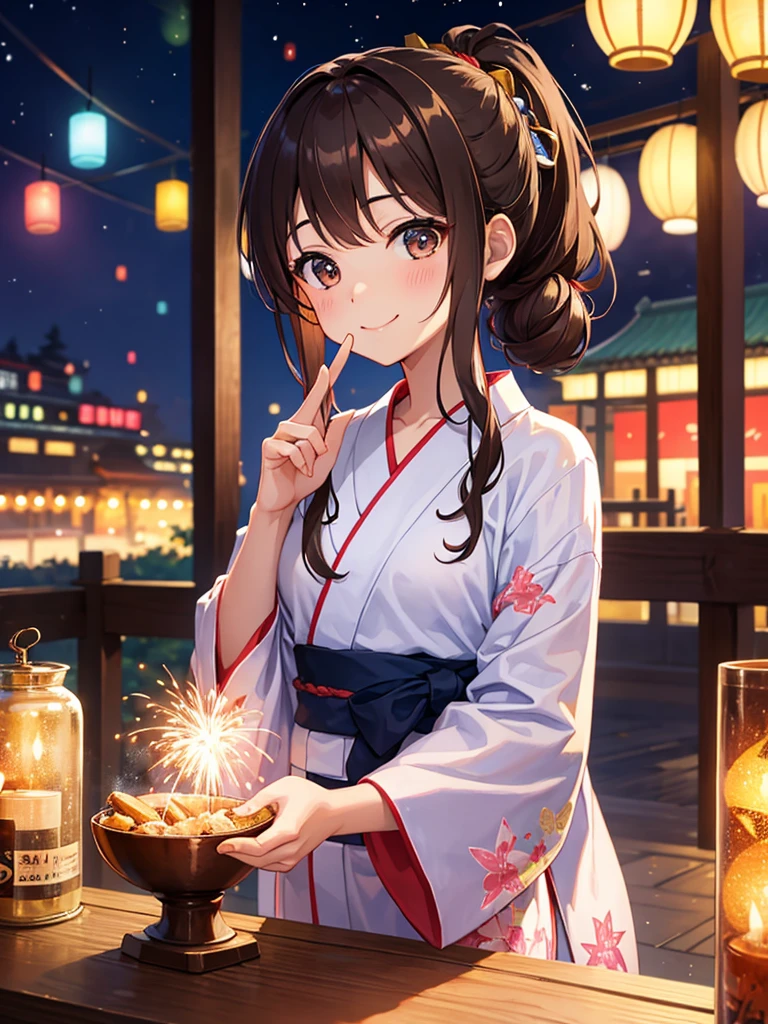 stall、night、firework、One girl、Colorful yukata、Brown Hair、Hair tied up、Smile with your mouth closed、Highest品質, High definition, Ultra-fine, Highest_detailed