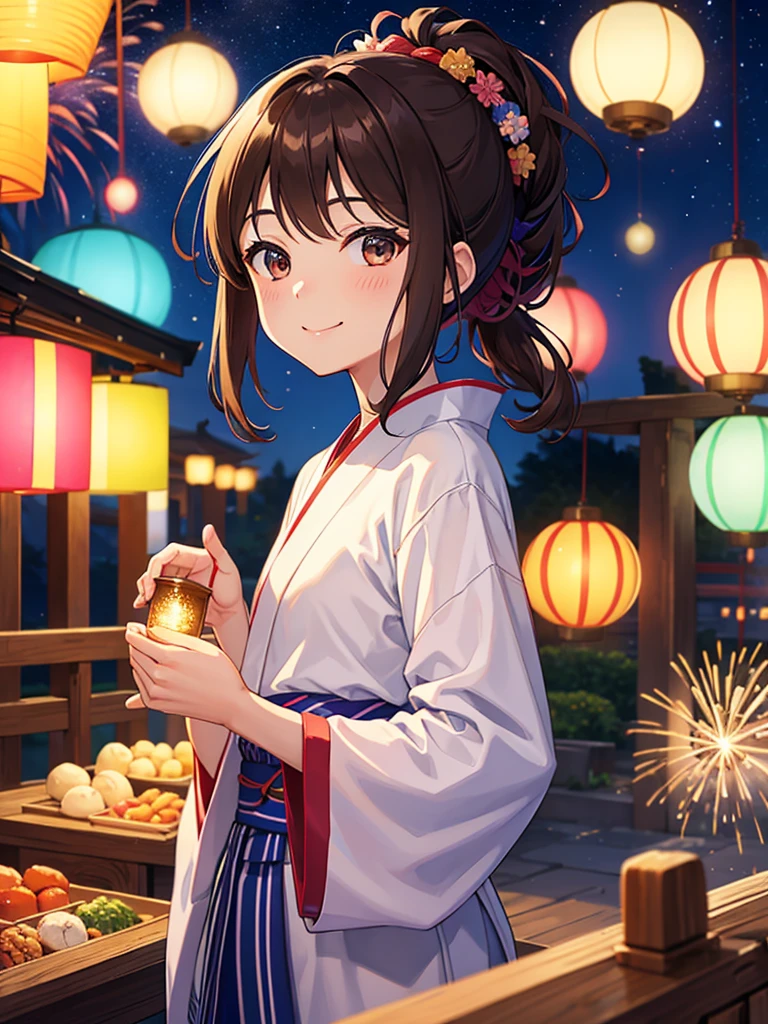 stall、night、firework、One girl、Colorful yukata、Brown Hair、Hair tied up、Smile with your mouth closed、Highest品質, High definition, Ultra-fine, Highest_detailed