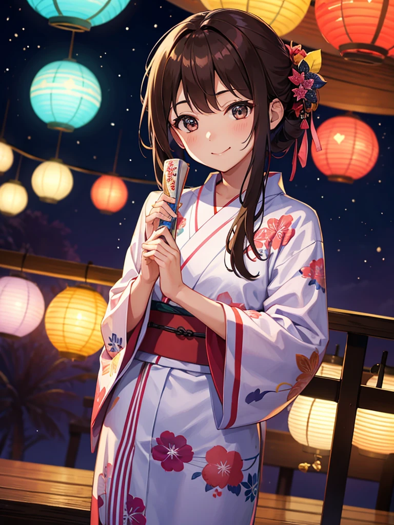 stall、night、firework、One girl、Colorful yukata、Brown Hair、Hair tied up、Smile with your mouth closed、Highest品質, High definition, Ultra-fine, Highest_detailed