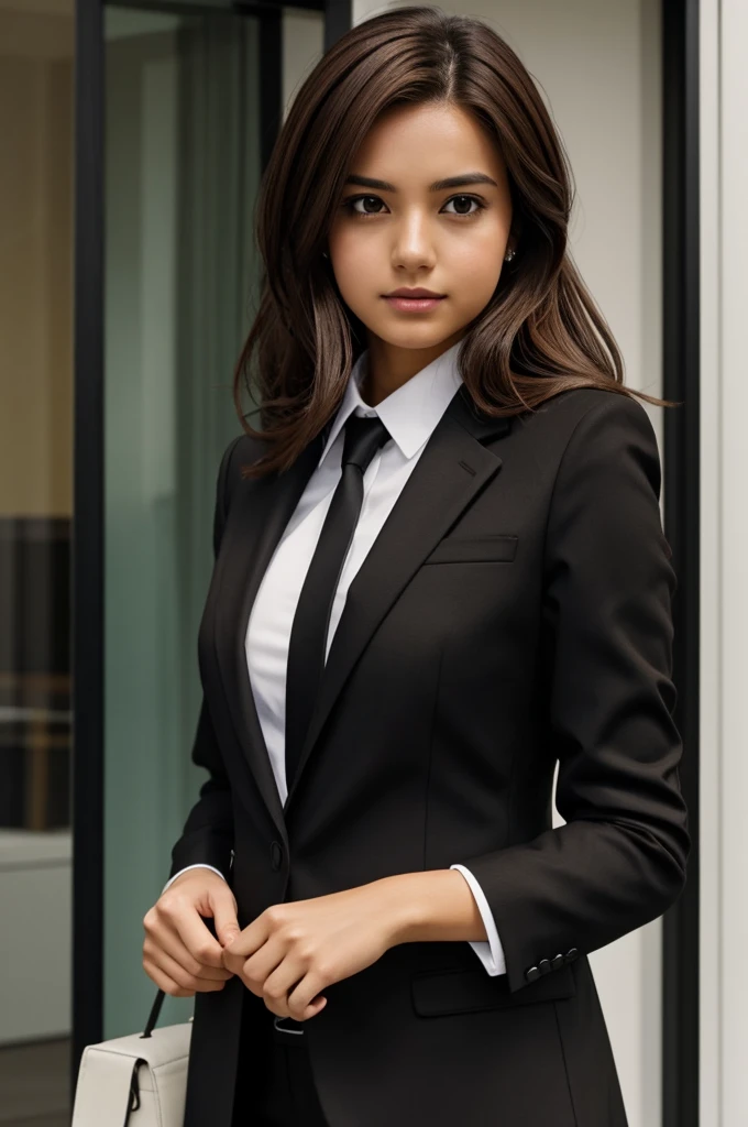 A brown hair girl with black suit mha