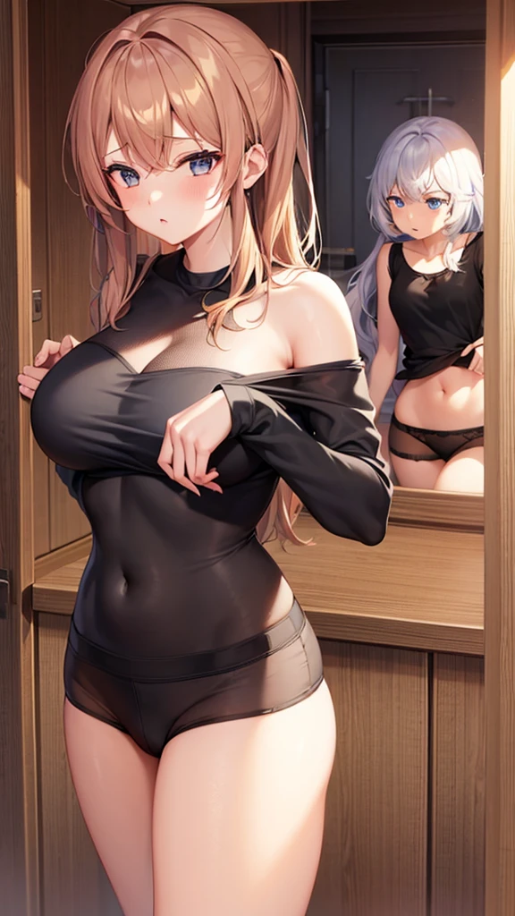 2girls, underwear, lingerie, tight shirt, big chest, reaching at the top of a cupboard, shiny skin