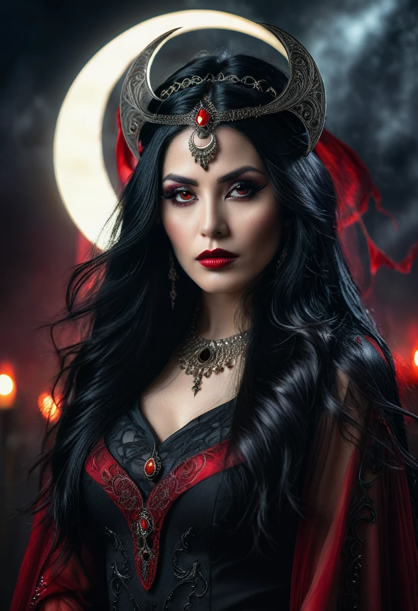 A stunning dark fantasy portrait of a woman with long, flowing black hair adorned with a crescent moon headpiece, piercing red eyes, and a dark, intricate outfit with glowing accents, set against a moody, atmospheric background with glowing elements. The image has a cinematic, dramatic feel, with a focus on the woman's intense and captivating expression.