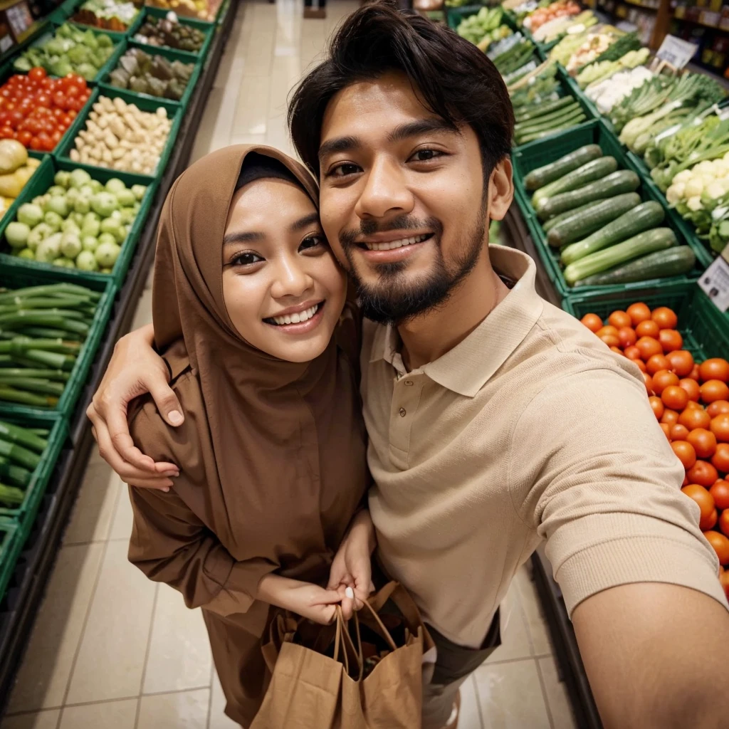 A low angle selfie image of indonesian muslim couple hugging. they holding some bag of groceries. they wear an oversized brown hijab dress and an oversized cream polo shirt, and they has a determined expression, looking each other. smiles and laugh slightly. The background features a vegetables aisle of supermarket, 8k, ultra realistic, high def, dynamic gesture