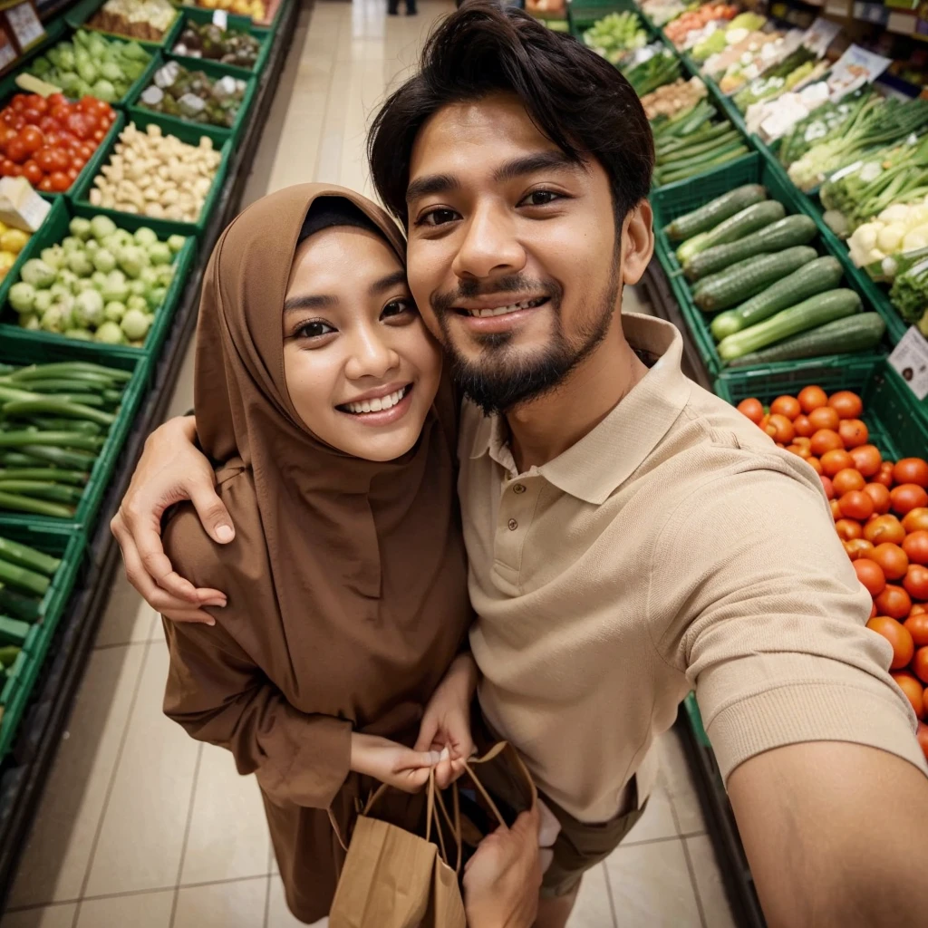 A low angle selfie image of indonesian muslim couple hugging. they holding some bag of groceries. they wear an oversized brown hijab dress and an oversized cream polo shirt, and they has a determined expression, looking each other. smiles and laugh slightly. The background features a vegetables aisle of supermarket, 8k, ultra realistic, high def, dynamic gesture