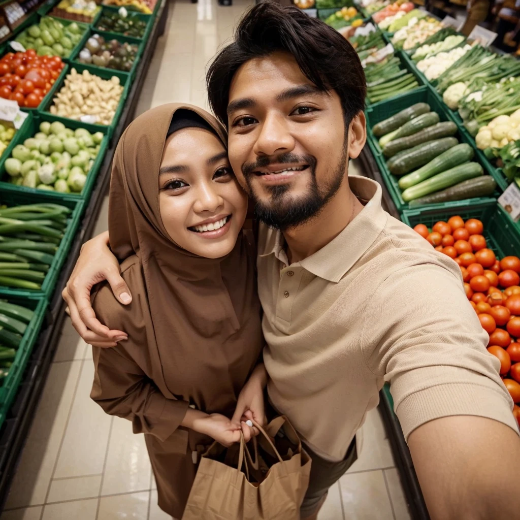 A low angle selfie image of indonesian muslim couple hugging. they holding some bag of groceries. they wear an oversized brown hijab dress and an oversized cream polo shirt, and they has a determined expression, looking each other. smiles and laugh slightly. The background features a vegetables aisle of supermarket, 8k, ultra realistic, high def, dynamic gesture