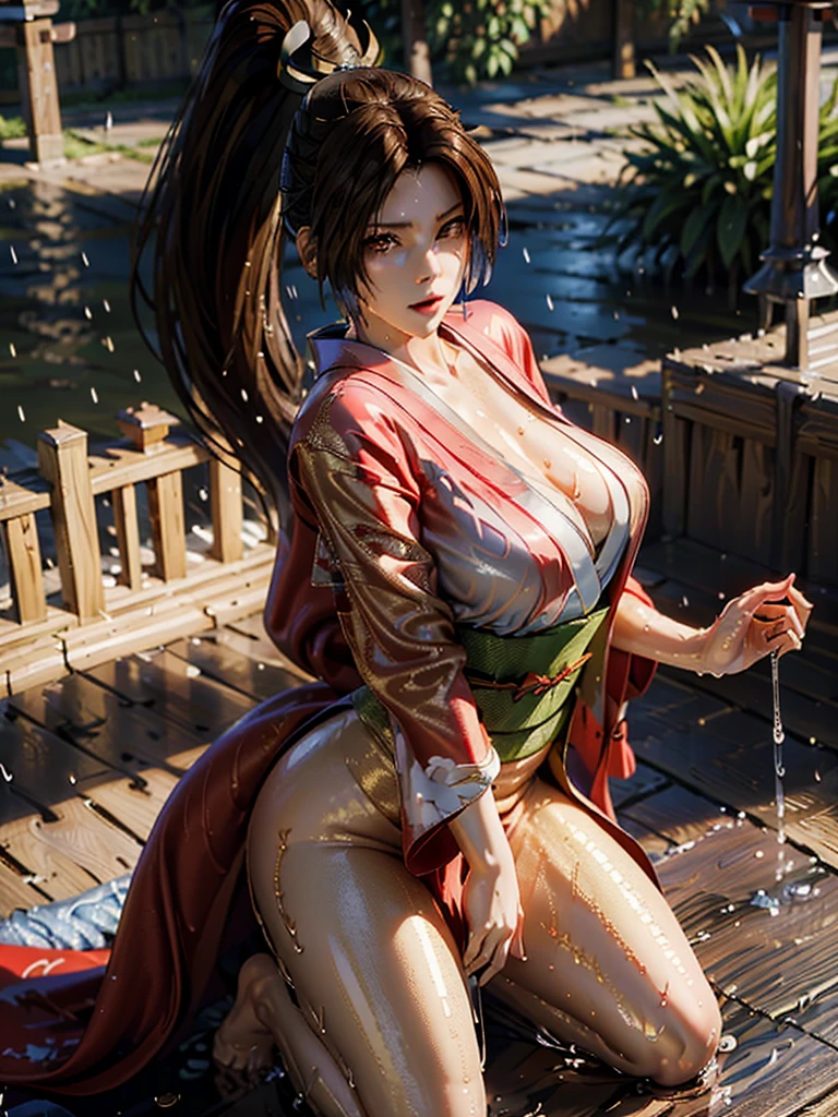 (exquisitely detailed CG unity 8k wallpaper, masterpiece-quality with stunning realism), (best illumination, best shadow), (best quality), (elegant style:1.2), Arti modern anime. angled view, heroic pose, midshot, (cel-shading style:1.3), centered image, ultra detailed closeup portrait of (Mai Shiranui:1) from (King of Fighters), best quality, expressive eyes, perfect face, highres, (ultra details), 1 girl, solo, brown hair, hair ornament, eyeshadow, gold, white and red qipao, highly ornamented, in the city of Japan, portrait, looking at the viewer, piercing eyes, full body, (light from the angle:1) (wind blowing:1.2).(depth of field effects:1.3) (motion action:1.2) (closeup:1.2) (angled closeup photography:1), (motion blur effects:1), wide angles, spreading feet, Thin to transparent,see-through,(((Soggy-kimono:1.2))),Lace fabric, (((water-immersed body: 0.9))),jewelry, relaxing pose, (dress on fire:.7), ((Leaning forward:1)) (close-up:1)