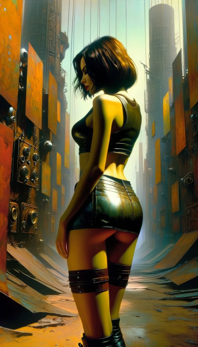 a girl in a leather miniskirt and tight tank top,pronounced nipples,advertising signs in the desert,rusty smooth metal panels with screwed and welded parts,in the distance can see a futuristic city,(best quality,4k,8k,highres,masterpiece:1.2),ultra-detailed,(realistic,photorealistic,photo-realistic:1.37),concept art,cyberpunk,vibrant colors,dramatic lighting,cinematic,moody atmosphere (art inspired by Dave Mckean, details intricate, oil painting)