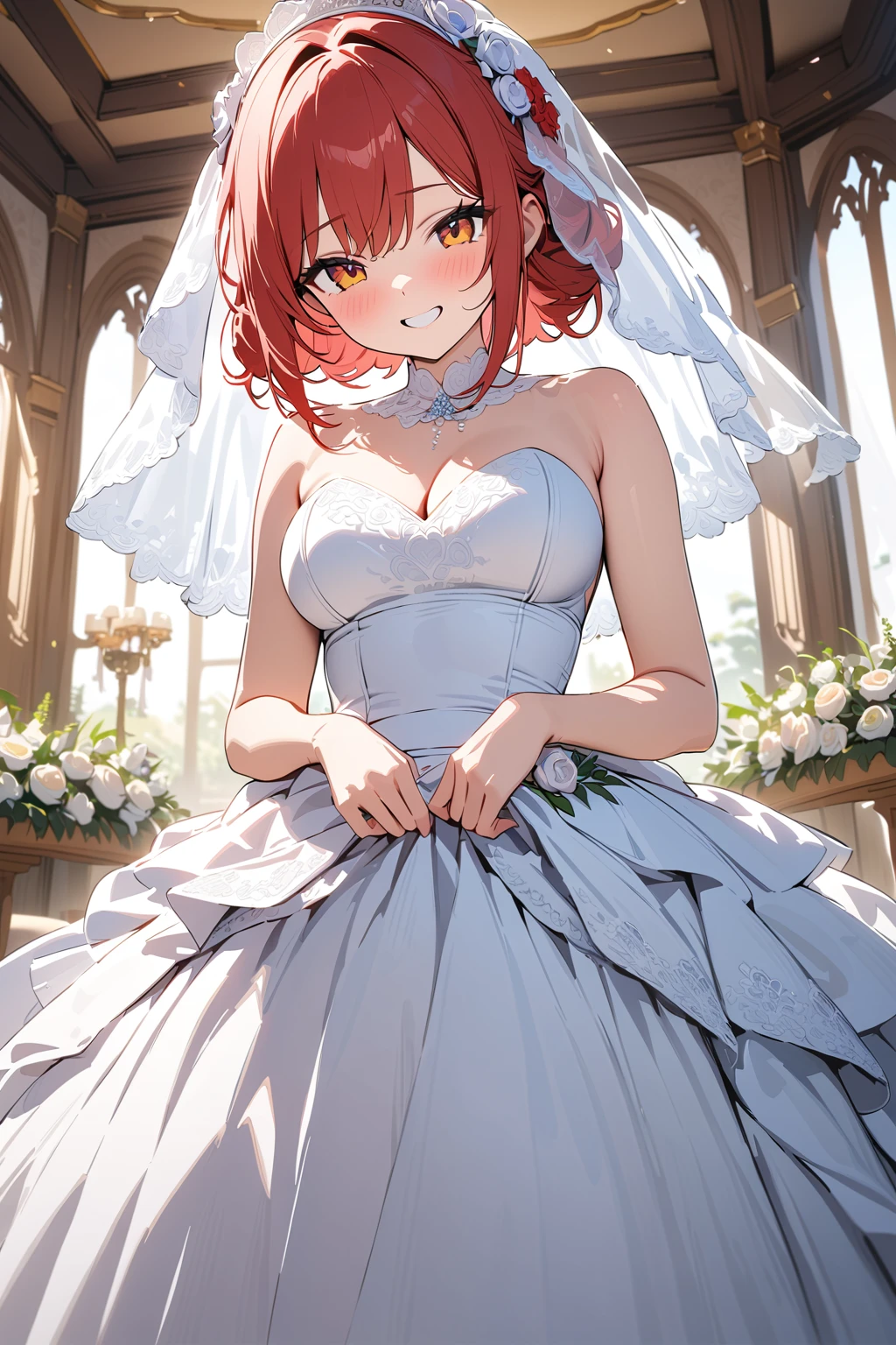 highest quality, masterpiece, High resolution, alone, {Chika Takami love live sunshine:1.15}, orange hair, red eye, long hair, Ahoge, , big breasts, 1 girl,Wedding dress,veil,bouquet,church,chapel,Sunlight,blush,smile