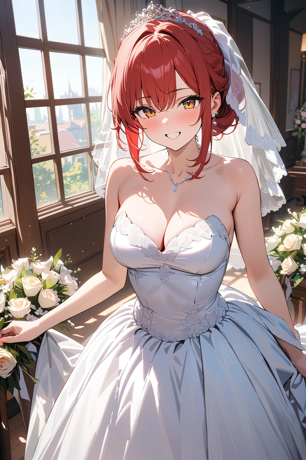 (masterpiece, best quality:1.5), (ultra detailed, high resolution, 8k, beautiful detailed, UHD, best anatomy), 1 cute girl, red hair, medium breasts, wedding dress, bridal veil, flower, wedding hall, Happy face