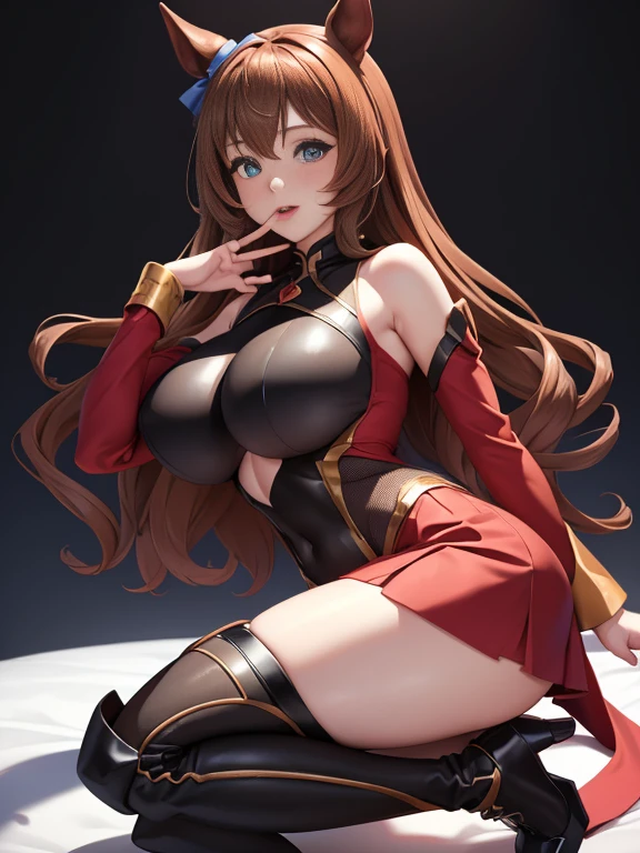 (top-quality, tmasterpiece: 1.2), maruzensky \(umamusume\), 1 Beautiful woman, The beautiful, Cute big breasts,Bigboobs, Stylized, sexy for, actual,Elegant, Attractive, sexy for,Red over-the-knee boots, Beautiful and well groomed face, pretty eyes, beautiful hairl, Smooth skin, Beautiful mouth, Smooth legs, Balanced body, Fashionable change of clothes, Shuimu Xuefeng, shairband, Ullinstein, Black Themes, realistically, sexy for, sweetheart, sweetheart, girl, a true, Maureen suit,Red over-the-knee boots
