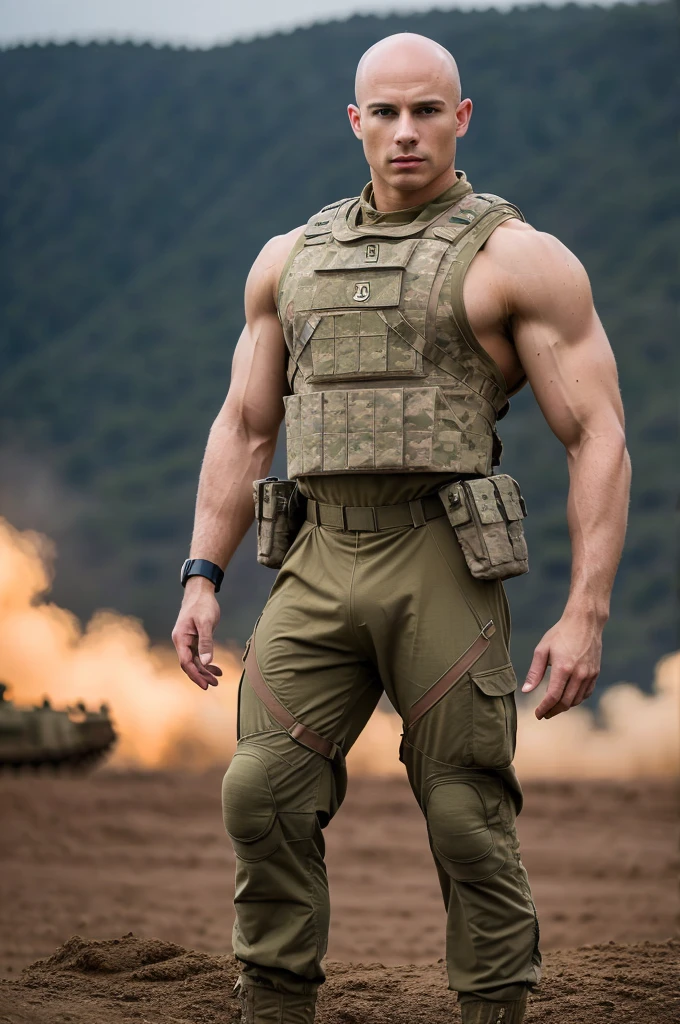 ((8k ((best quality)), ((masterpiece)), (very detailed), real face bald male muscular male full body wear soldier suit stand by tank