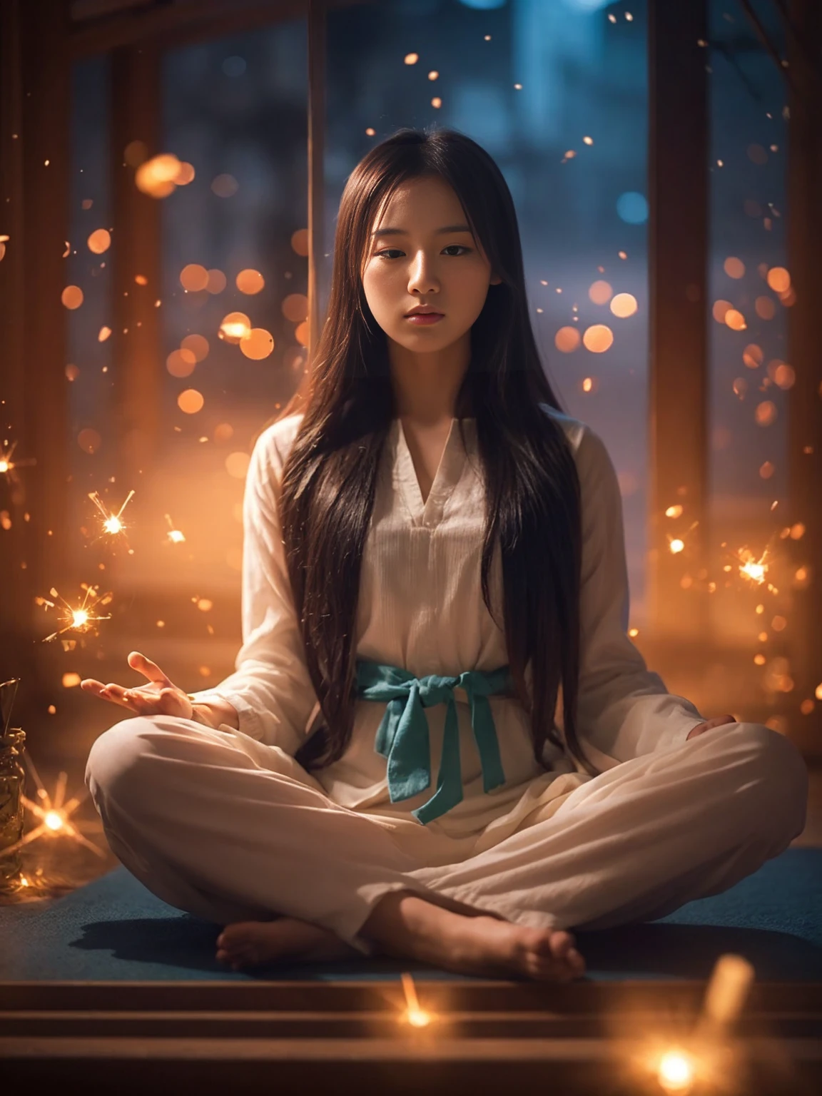 an asian girl,Cross legged meditation, In the center,Very bright colors, light particles, Luminescence, Mshiv, Wallpaper Art, Ultra HD Wallpaper