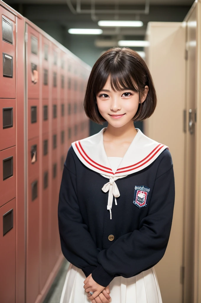 (1 Girl )、(Beautiful Japanese、20years old,round face、Refreshing、clear、seems kind、stylish、Pitiful、cute like an angel、cute、black eyes、,Almond-shaped eyes,(Single eyelid:1.4)、Beautiful skin), {(Japan human face:1.4),,(General facial features)} , (Beautiful breasts:0.4),(short hair),(enchanting eyes),(highlight on eyes:1.2)、(8K、Live shooting、highest quality、masterpiece:1.2、optimal lighting)、((masterpiece)),(Photo taken by a professional photographer),(real、photo real:1.4),BREAK,{(cute Japanese high school sailor uniform),((traditional Sailor Suit:1.0))},(cheeks are red:1.3), BREAK, BREAK,Face shot:1.3、 face close-up:1.2,Looking at viewer,lovely smile,、Japan、(((in front of the hi-school shoe lockers)))),