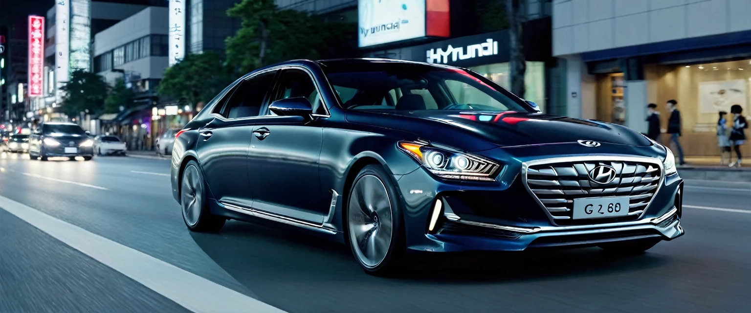 The front view of the car, with the Hyundai logo clearly visible, A Hyundai Genesis G90 car driving at night on the streets of Seoul, with speed motion graphics, long exposure effects, and 2D motion graphics to emphasize the sense of speed.
