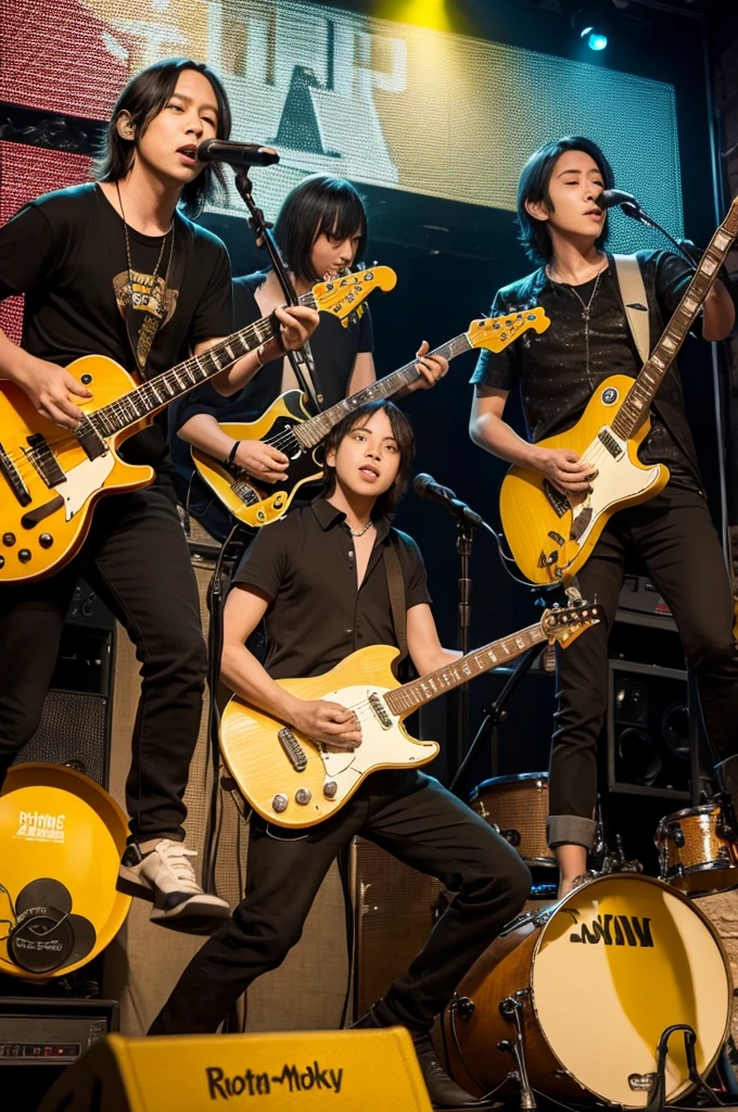 A picture of the four-man rock band THE YELLOW MONKEY performing.