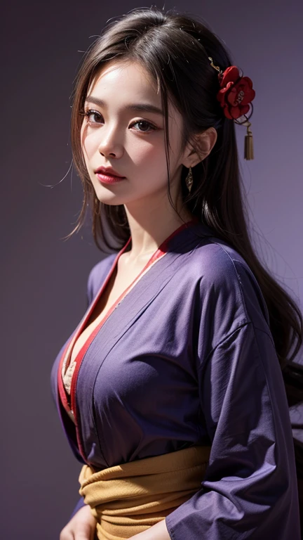 (8K, Highest quality, High resolution, masterpiece :1.3, RAW Photos), ((Accurately expresses details such as face and skin texture)), ((Purple Background)), Beautiful adult woman, Long contour, Oiran, Gorgeous red kimono::2, hairpin, Captivating look, Strike a Pose, Earrings,