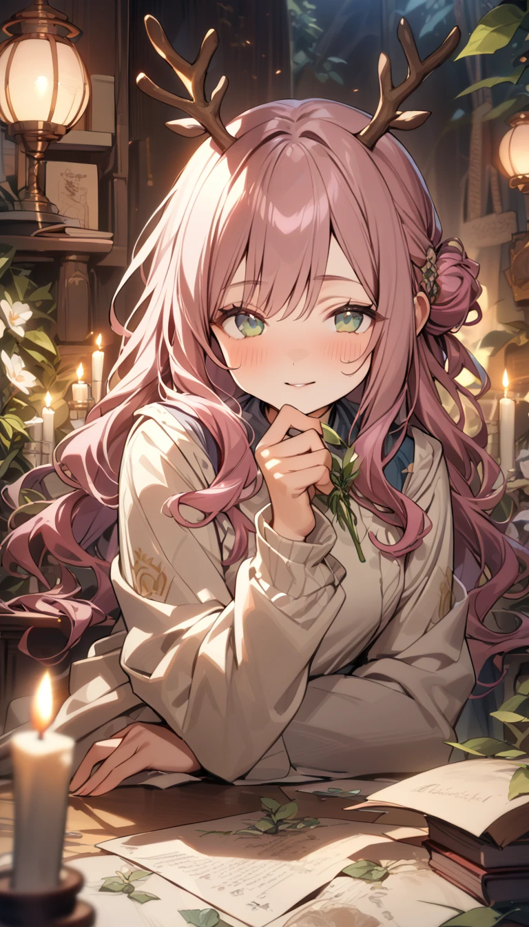 ((from below looking up))、、a closeup、pink hair and clothes、Perfect human body、christmas night、(((He wore a Santa suit decorated with lots of frills.、victorian santa outfit)))、One lady、 (((lighting a candle、candelabra)))、A slight smil、 (((long skirt)))、hair adornments、kirakira、Black tights、Falling snow、large hat