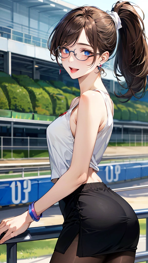 (masterpiece:1.3, top-quality, ultra high res, ultra detailed), (realistic, photorealistic:1.4), beautiful illustration, perfect lighting, natural lighting, colorful, depth of fields, nfsw,
looking at viewer, (back shot), face forward, ass forcus, 1 girl, , cosplay, perfect face, (perfect anatomy), cute and symmetrical face, baby face, (), ((ultra detailed skin))
(long hair, ponytail, light brown hair), swept bangs, blue eyes, (big eyes), clear eyes, long eye lasher, (medium breasts, thick thighs, big ass), very slim,
beautiful hair, beautiful face, beautiful detailed eyes, beautiful clavicle, beautiful body, beautiful chest, beautiful thigh, beautiful legs, beautiful fingers, beautiful lips,,
(sexy magical girl costume, skirt), opened breast, frameless glasses, beautiful earrings, bracelets, pantyhose,
(beautiful scenery), in the dark, (racetrack), walking, backtrack, (seductive smile, upper eyes, open mouth small),