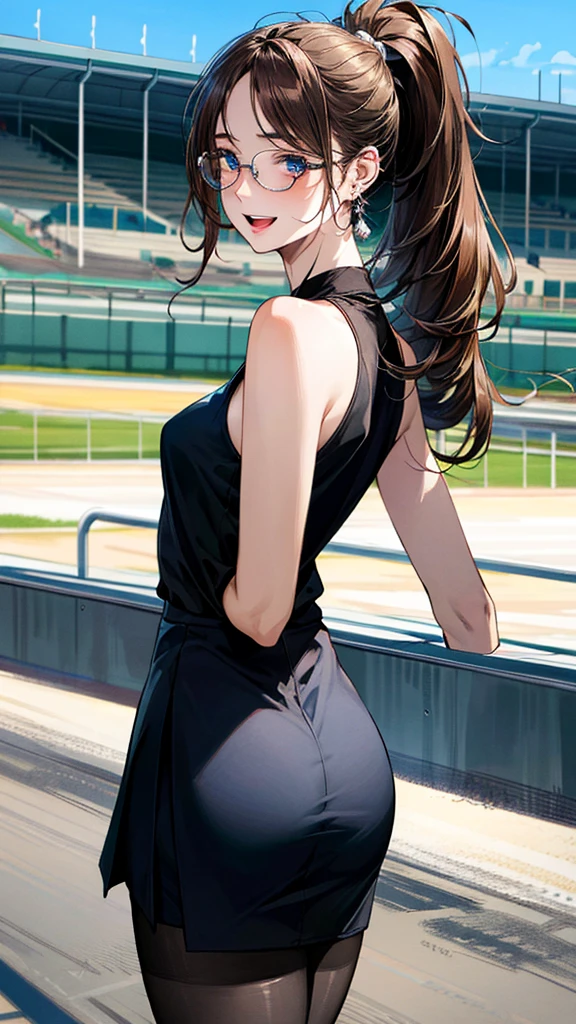 (masterpiece:1.3, top-quality, ultra high res, ultra detailed), (realistic, photorealistic:1.4), beautiful illustration, perfect lighting, natural lighting, colorful, depth of fields, nfsw, 
looking at viewer, (back shot), face forward,  forcus, 1 girl, 15 osplay, perfect face, (perfect anatomy), cute and symmetrical face, baby face, (pale skin), ((ultra detailed skin))
(long hair, ponytail, light brown hair), swept bangs, blue eyes, (big eyes), clear eyes, long eye lasher, (medium breasts, thick  big ass), very slim, 
beauul hair, beautiful face, beautiful detailed eyes, beautiful clavicle, beautiful body, beautiful chest, beautiful thigh, beautiful legs, beautiful fingers, beautiful lips,, 
(sexy magical girl costumekirt), opened breast, frameless glasses, bul earrings, bracelets, pantyhose, 
(beautiful scenery), i dark, (racetrack), walking, backtrack, (seductive smile, upper eyes, open mouth small), 