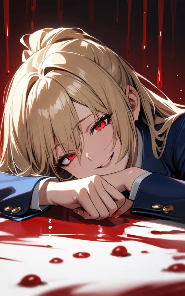 (masterpiece)、(absurdres)、(ultra detailed),Crazy Eyes、despair、Dark Side、closed mouth,Blood droplets、darkness,Blood pool space、Blood dripping background:1.3、(solo lady)、(blonde hair:1.0)、(shiny red eyes:1.1)、(highponytail:0.9)、(a little red libbon:0.8)、(long hair:0.7)、(big breast:0.8)、(fantsy blue blazer)、lying bloody,smile,half-closed eyes,open mouth,