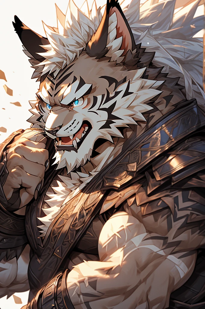 head、Animal cat face、Fluffy white hair all over the body、Heavy breathing、Gnashing of teeth,Angry expression((Ultra HD close-up:1.4)),muscular、Leather Armor,Viking style,wildcat、blue eyes,(contour)全身覆盖着长long白色毛发、Hairy body、long, Thick chest hair、Severe pubic cramps,,Fangs、Ultra-clear。Simple background,Sharp claws、