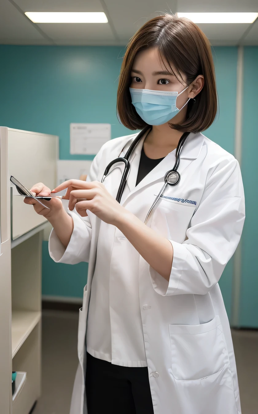There are two women in scrub suits sitting on chairs, surgical mask covering mouth, wearing a mask, wearing a facemask, hand over mouth, special, close-up!!!!!!, Give the middle finger, with index finger, Wearing a mask, Put hand on cheek, [ gros-plan ]!!, masking, chiho, medical mask, color photograph, close-up!!!!!