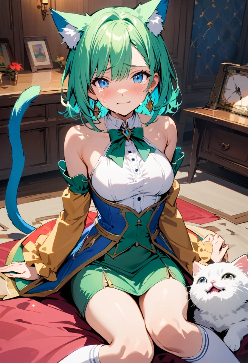 masterpiece, Highest quality, Illustrations for novels, High resolution, 18+ Adult content, Sensual, Intimate, Emotional, Passionate, romantic, sweet, Adorable, Innocent, Pure, Enchanting, Enchantingな, attractive, mysterious, Enchantingな, Enchanting, Immersive, Enchantingな, dream-like, Surreal, Imaginative, Whimsical, Artistic, Avant-garde, timeless, elegant, Sophisticated, chic, Sophisticated, Individuality, original, Enchantingな,One girl,Deltamon_beta, alone, blue eyes, Knee socks, Animal ears, Bare shoulders, Blue Tail, Earrings,Removable sleeves, Green Hair, No sleeve, Cat ear, bag, white Knee socks, Cat's Tail,pink backpack,Pink school bag,(Cheetah Dress:1.3), Paired with ivory tights and Mary Jane shoes.
rest ((Avoidance method ((kitten)), Crying face))