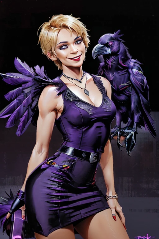 ((playing with a raven:1.4)).Athletic blonde woman, (short hair), tomboy, cute, ((smile)), Red lipstick,necklace, red lace top, black pencil skirt, high heels. Masterpiece, (highly detailed:1.2),(detailed face and eyes:1.2), 8k wallpaper, Moody lighting. core shadows, high contrast, bokeh