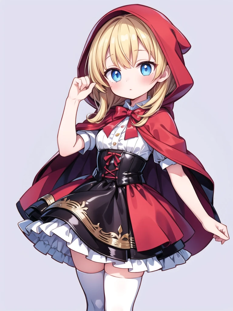 1girl, little red riding hood (grimm), blonde hair, long hair, white thighhighs, puffy short sleeves, bow, red hooded capelet, white dress, very short dress, white silk short dress, white shirt, RedHoodWaifu, red hood, cape, corset, dress, red skirt, blush