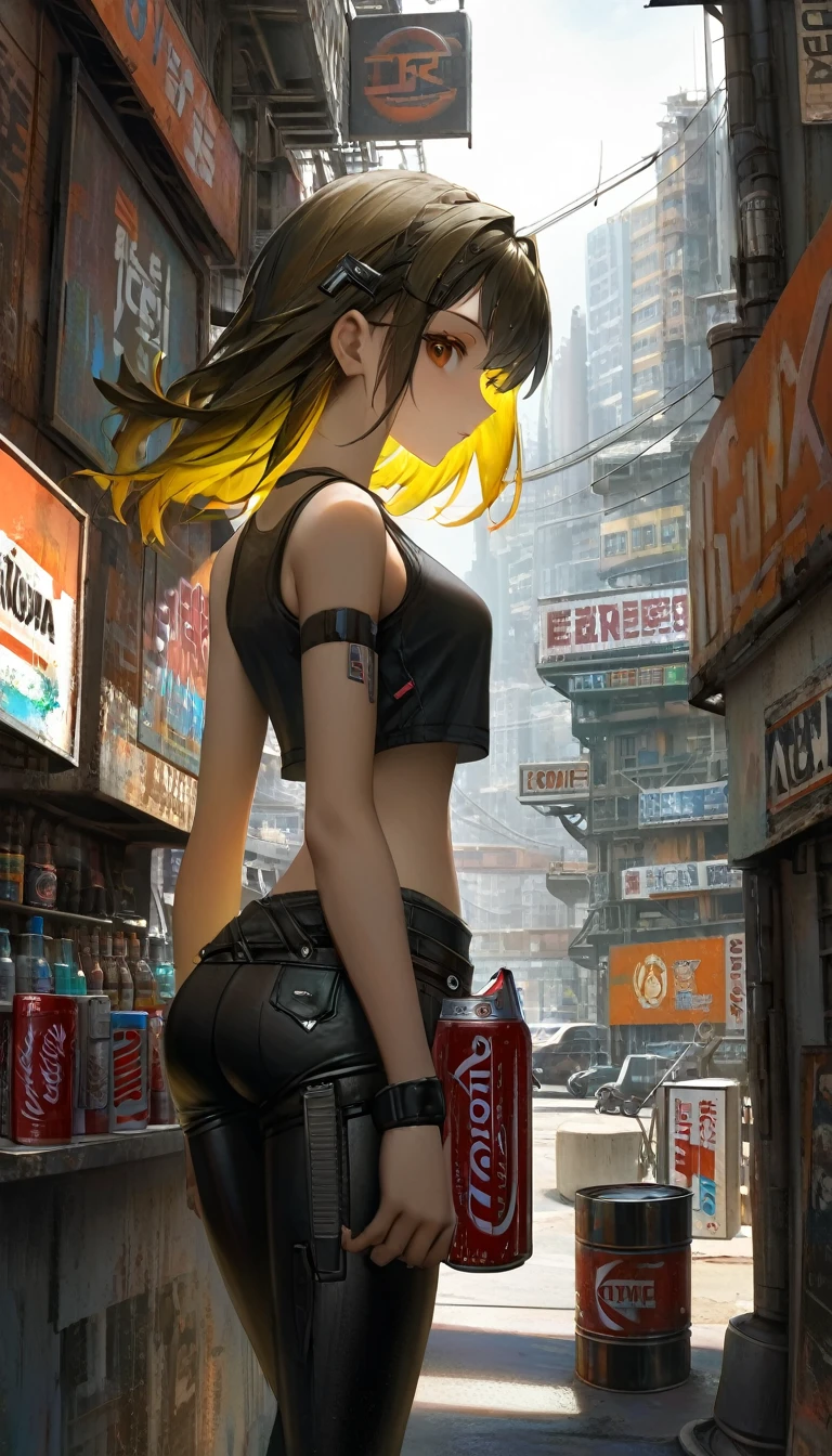 a girl in a leather miniskirt and tight tank top,,advertising signs in the desert,rusty smooth metal panels with screwed and welded parts,in the distance can see a futuristic city,(best quality,4k,8k,highres,masterpiece:1.2),ultra-detailed,(realistic,photorealistic,photo-realistic:1.37),concept art,cyberpunk,vibrant colors,dramatic lighting,cinematic,moody atmosphere (art inspired by Dave Mckean, details intricate, oil painting)