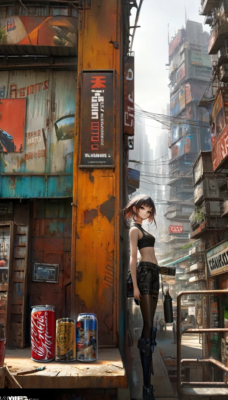 a girl in a leather miniskirt and tight tank top,,advertising signs in the desert,rusty smooth metal panels with screwed and welded parts,in the distance can see a futuristic city,(best quality,4k,8k,highres,masterpiece:1.2),ultra-detailed,(realistic,photorealistic,photo-realistic:1.37),concept art,cyberpunk,vibrant colors,dramatic lighting,cinematic,moody atmosphere (art inspired by Dave Mckean, details intricate, oil painting)