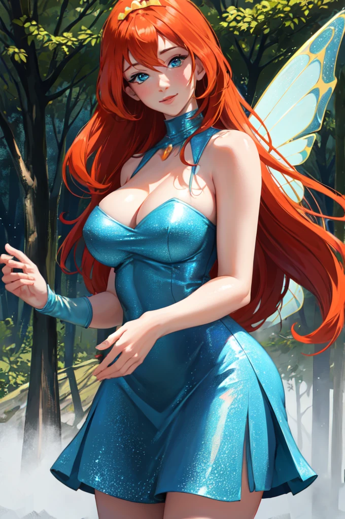 masterpiece, best quality, ultra-detailed, Bloom, , mature face, tall, thick, orange hair, blue eyes, bangs, long hair, fairy outfit, blue croptop, sleeveless, blue skirt, sparkling clothing, fairy wings, tiara, standing, smile, in the forest, cowboy shot, realistic, volumetric lighting, intricate details, tonemapping, sharp focus, hyper detailed, Hot cleavage, Big breasts, 