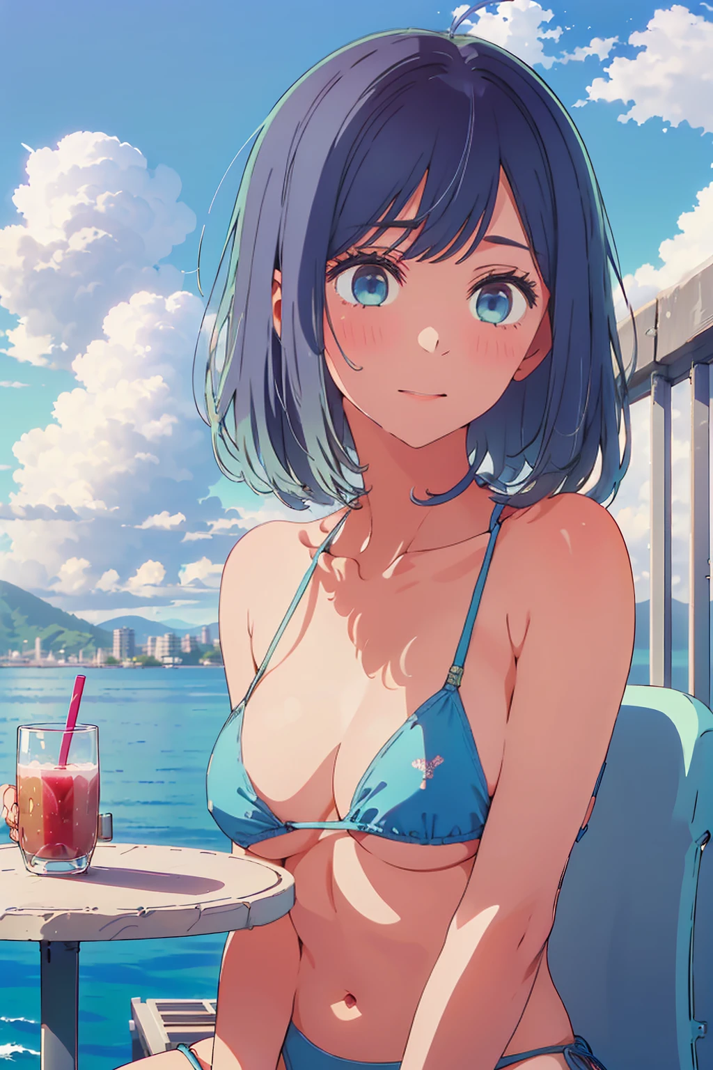 (Highest quality:1.4、8K:1.4、detailed)、F cup bust、Big Breasts、Slim body、Very white beautiful skin、((((1 person、Surprised expression、sit、Chair、In the background are the urban buildings of Tokyo、looking at the camera、Outdoor café terrace、coastal、Navy hair color、juice、Shooting up close、table、Very cute face))))、(Pose of putting hair behind ears with hands:1.4）、(((nude、Areola、bikini size too small)))、Very blue sky、A completely cloudless sky