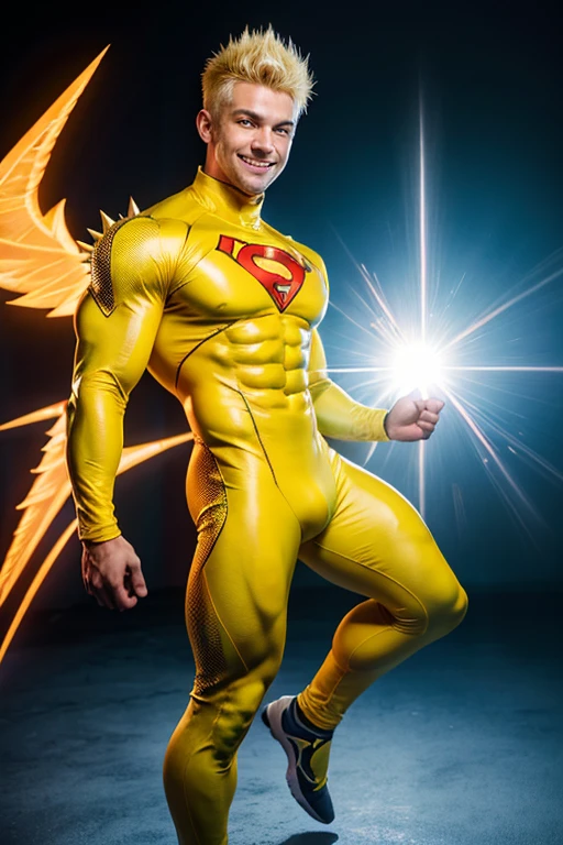 flying, young handsome muscular superhero, bright white glowing skin, bright fiery aura, with spikey blond hair, smiling, wearing yellow full body skin tight suit