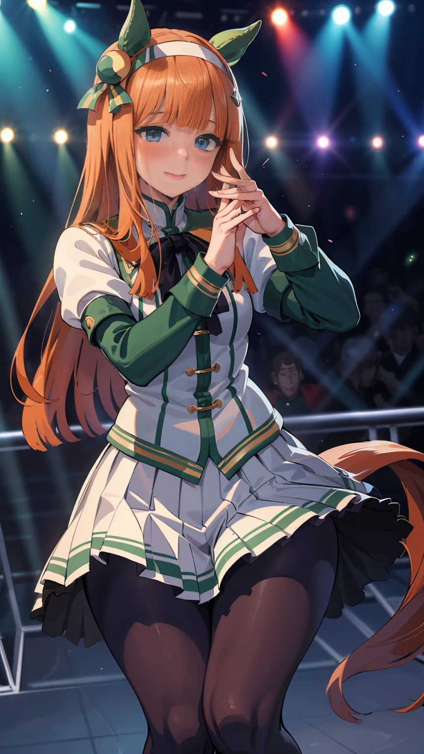 A big smile、shout、intense dance、dance、Best image quality、High resolution、masterpiece、super high quality、Live Performance Venues、Large crowd、Many penlights、Sweaty、Very short pleated skirt、Heavy breathing、Blushing、4K quality、Black Pantyhose、Voluptuous thighs
