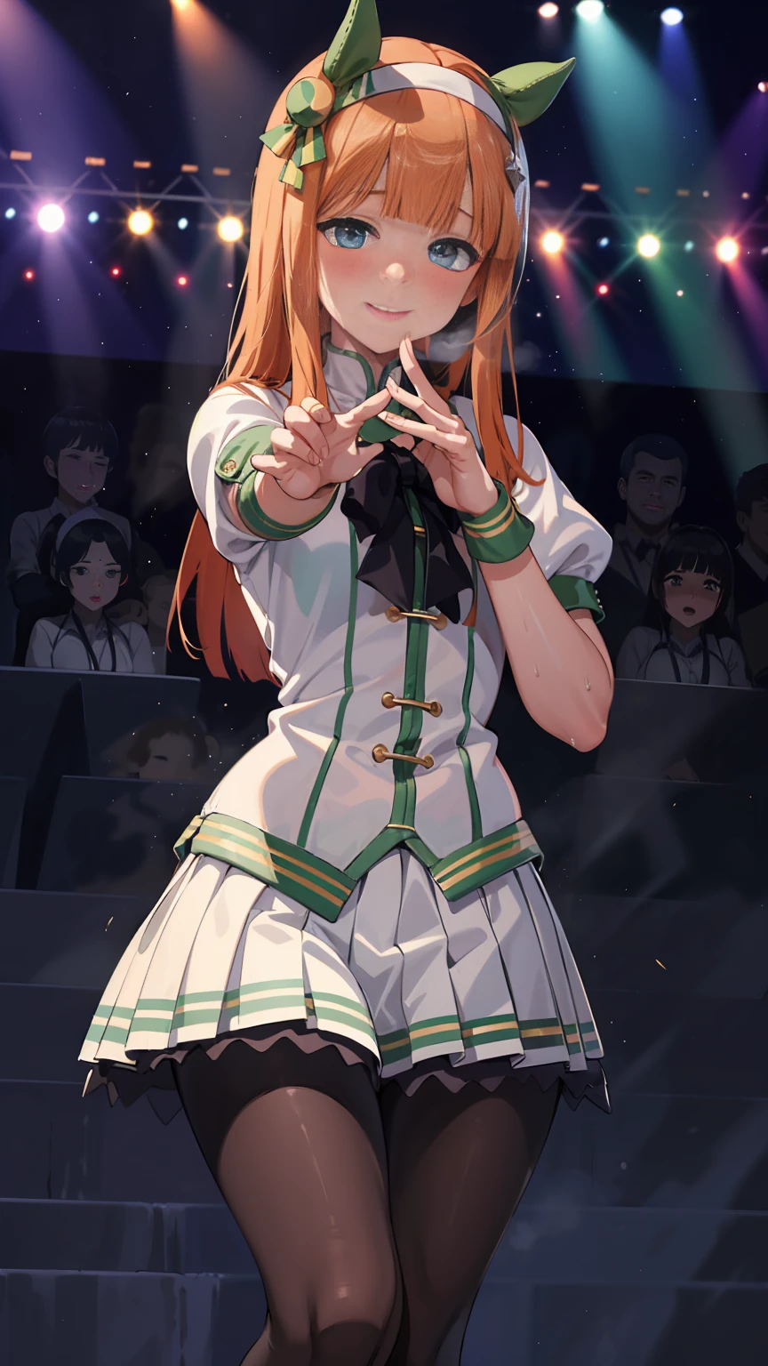 A big smile、shout、intense dance、dance、Best image quality、High resolution、masterpiece、super high quality、Live Performance Venues、Large crowd、Many penlights、Sweaty、Very short pleated skirt、Heavy breathing、Blushing、4K quality、Black Pantyhose、 thighs