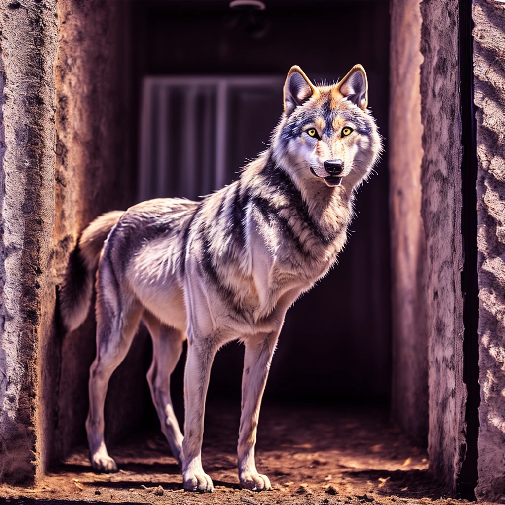 a beautiful purple and white wolf, detailed fur, piercing eyes, sharp teeth, flowing mane, majestic pose, photorealistic, highly detailed, intricate texture, dramatic lighting, cinematic scene, fantasy landscape