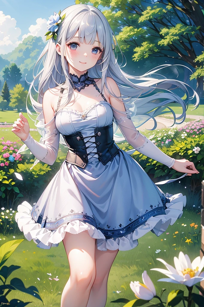 masterpiece, Highest quality, Super detailed, figure, (Realistic:1.3),cute, girl, alone, Silver Hair, Fairy, Blunt bangs, Bustier dress, Fluffy mini skirt,smile, flower, spring,blue sky,
