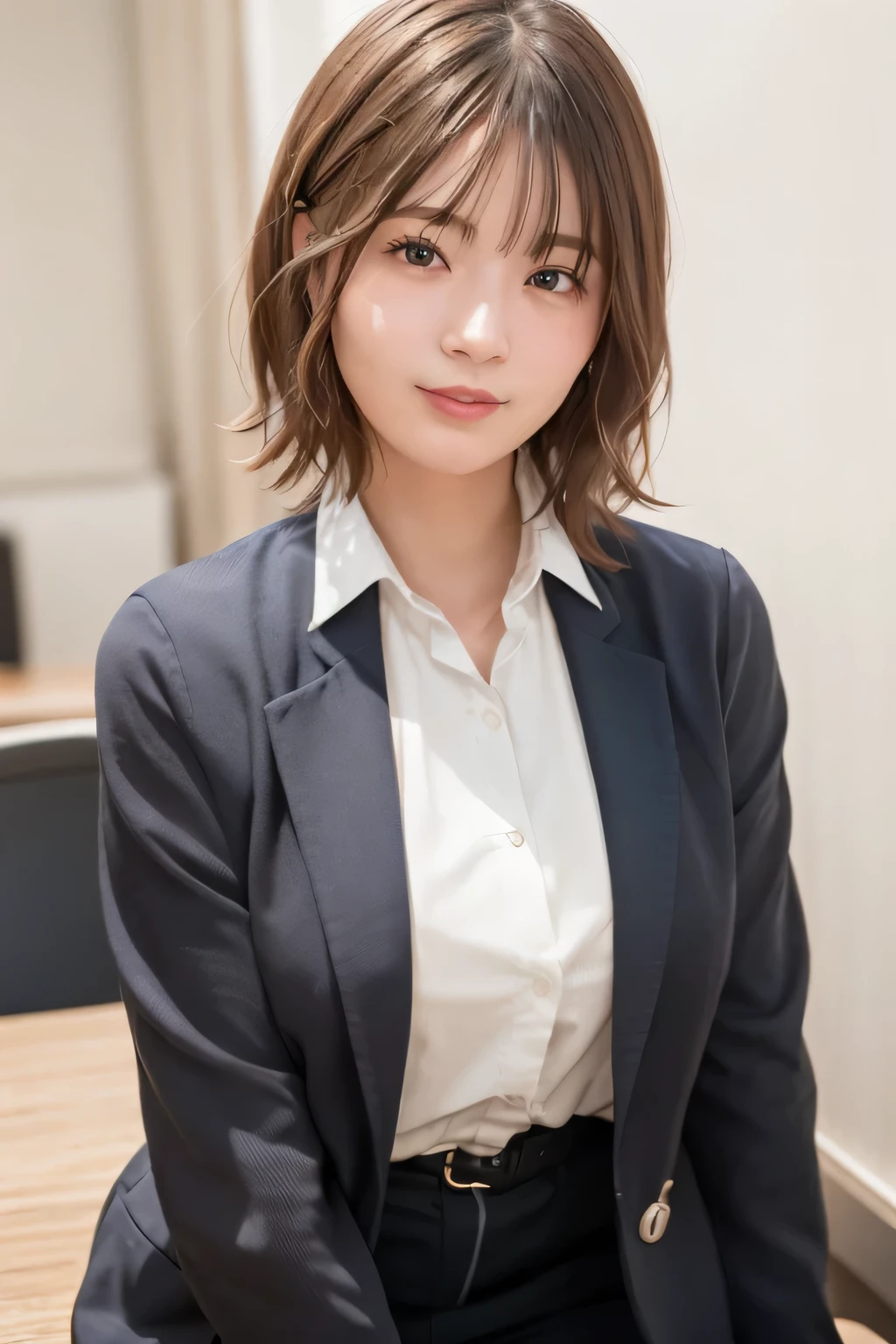 (RAW Photos, Highest quality), (Realistic, Realistic: 1.3), masterpiece, Very delicate and beautiful, Very sophisticated, CG, Unity, 2k wallpaper, wonderful, Are you okay, Bright smile, Very sophisticated CG Unity 8K wallpapers, Large file size, 超High resolution, High resolution, Disorganized, Soft Light, ((short hair: 1.3), Short bangs, Silver Hair, Floating Hair Nova Frog Style), Details of a beautiful girl, Are you okay fingers, very Are you okay eyes and face, Beautiful nose details, Beautiful eyes in every detail, Long eyelashes, Light on the face, Looking at the audience, (Shut your mouth.: 1.2) 1 Girl, cute, young, Adult face, (whole body: 1.3) Realistic Face, Realistic body, Slim and beautiful thighs, ( Urzan-6500-v1. 1:0.8) business suit, Cross lace clothing, Collared shirt, Open clothes, office, Open cardigan, Black thighs,