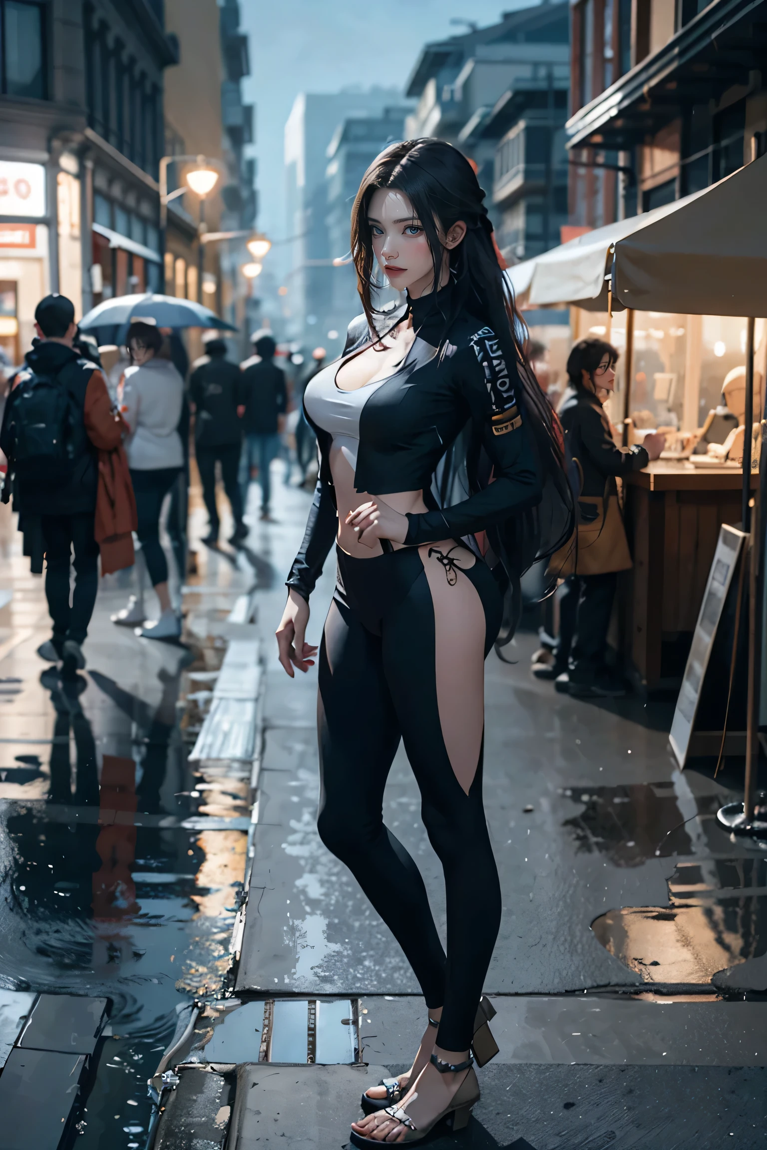 (((nsfw:1.0))),Large Breasts,Small waist,(Sexy body),Rainy night,city,Beautiful woman with gal make-up wearing a sports suit on the busy street of Gintama, Surrounded by sellers, Beautiful portrait of a stunning goddess girl, Beautifully detailed face, Porcelain-like skin, Full Body Shot, Centered, Super soft lighting, Symmetric, complicated, elegant, Very detailed, Realistic, Art Station, Concept Art, Smooth, Imagined by Greg Rutkowski and Boris Vallejo, cover, Trendy style