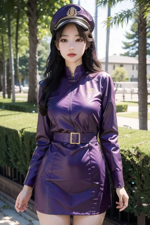 8k, highest quality, ultra detailed:1.37), Eliana, ((18 years)), a beautiful Asian girl, ((proudly stands in a military uniform)), representing her role as a soldier, ((She wears a fitted Purple dress)), The high-resolution image captures ultra-detailed realism, highlighting Eliana's determined expression, piercing eyes, and confident stance. The backdrop showcases an forest, adding to the authenticity and significance of the image. This visually striking representation showcases Eliana's strength and dedication as a soldier, cute knees, ((Lake)), ((Pine trees)), ((Detailed face)), ((Perfect body figure)), ((Detailed hair)), ((Detailed Dress)),