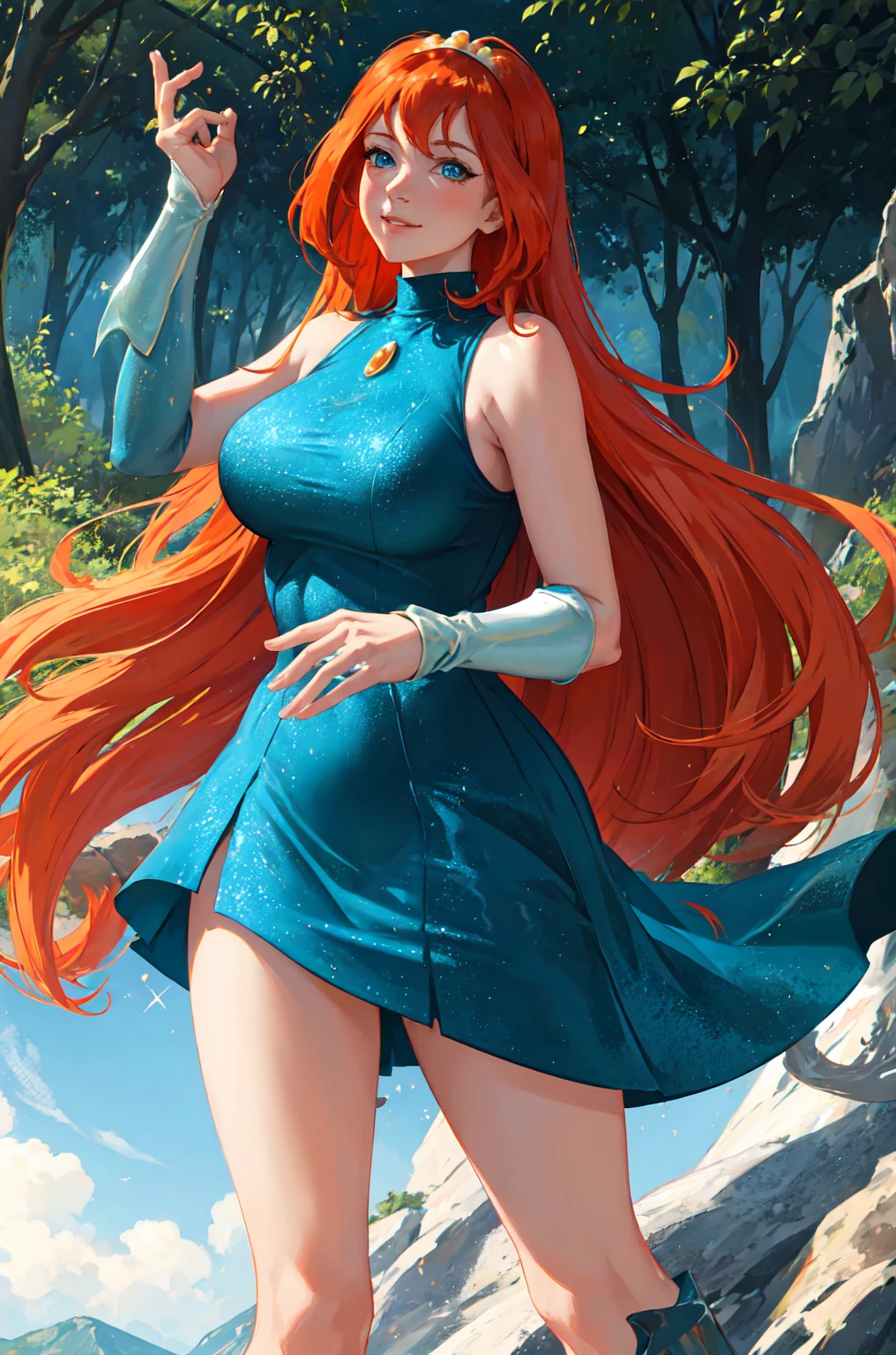 masterpiece, best quality, ultra-detailed, Bloom, milf, mature face, tall, thick, orange hair, blue eyes, bangs, long hair, fairy outfit, blue croptop, sleeveless, blue skirt, sparkling clothing, fairy wings, tiara, standing, smile, in the forest, cowboy shot, realistic, volumetric lighting, intricate details, tonemapping, sharp focus, hyper detailed, Hot cleavage, Big breasts,