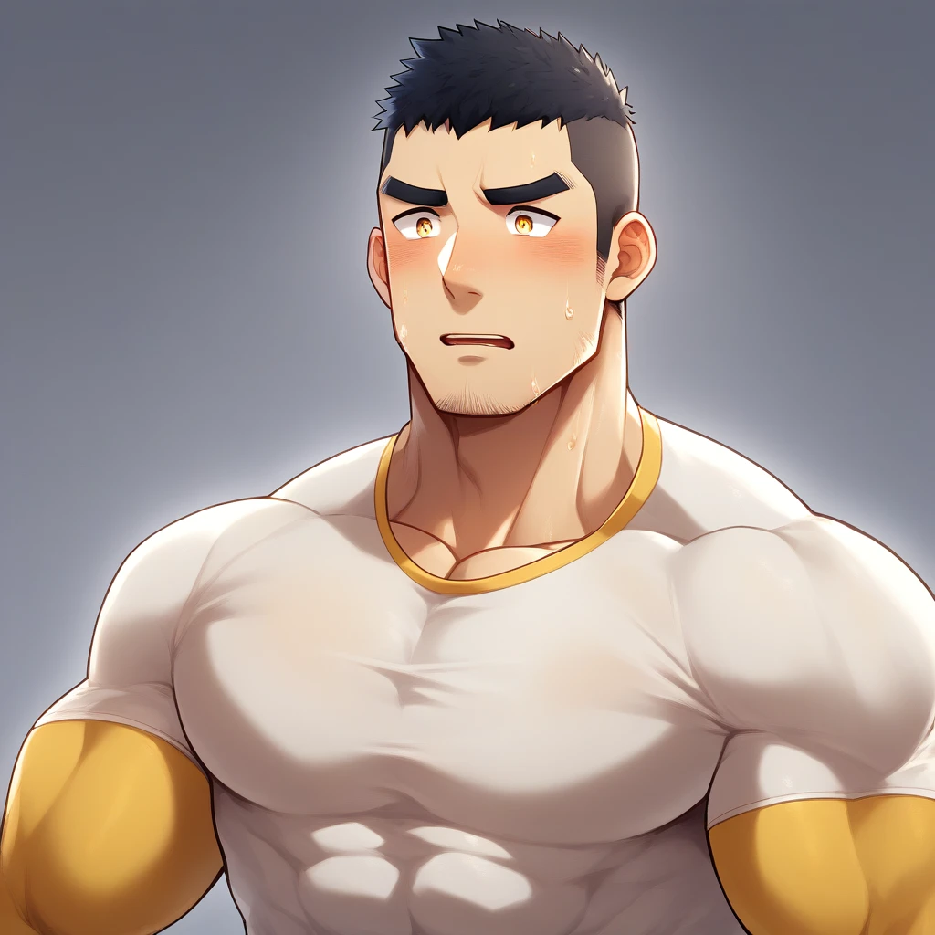 anime characters：Gyee, Muscle Sports Student, 1 muscular tough guy, Manliness, male focus, Light yellow high collar long sleeve tight T-shirt, Very tight, The clothes were soaked with sweat, The pectoral muscles are oversized, Slightly , muscular male, muscular, only, Upper body, alone, Black short hair, Thick eyebrows, stubble, Yellow eyes, Grey background, simple background, amazing quality, best aesthetics, Ridiculous, bright pupils, crew cut, parted lips, shy, blush, , saliva trail, drop shadow, best quality