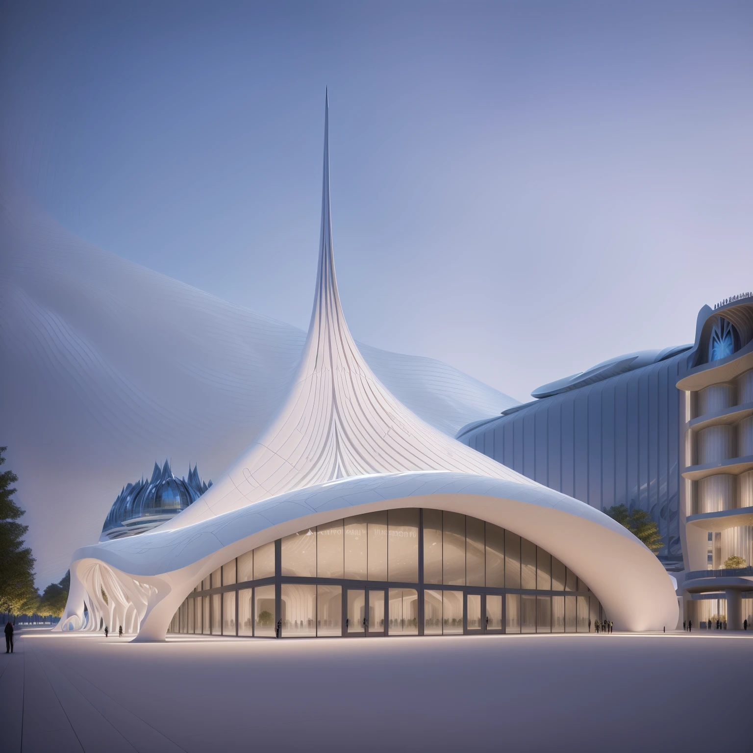 arafed structure with a white roof and a Spire on top, Futuristic Church, Spire, Height Rendering, Zaha Hadid architecture, arc, Zaha Hadid style architecture, author：Kurt Roesch, architecture Zaha Hadid, Santiago Calatrava, author：Zaha Hadid, Joseph Binder, Web portals. Zaha Hadid, Marilyn Church, in style of Zaha Hadid architect