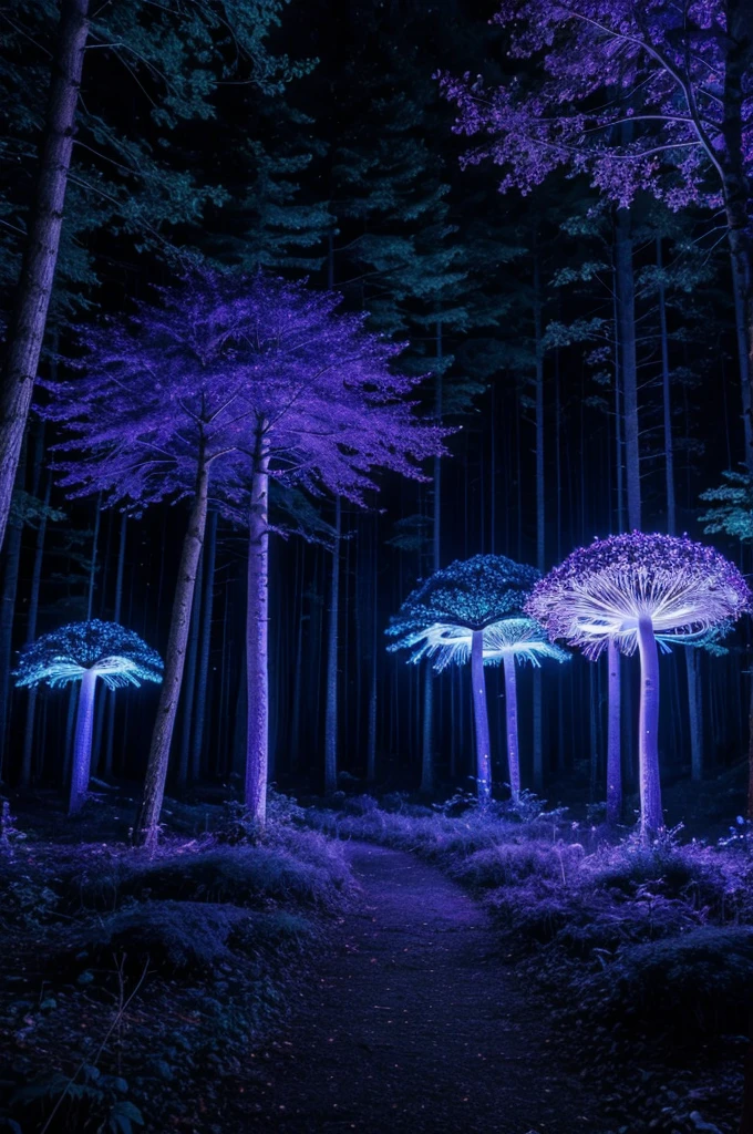 Mysterious forest with glowing mushrooms ,light blue,purple night forest,It's dark.,Big, dense trees look mysterious and realistic.,Emphasize realistic ,Real photos,8K