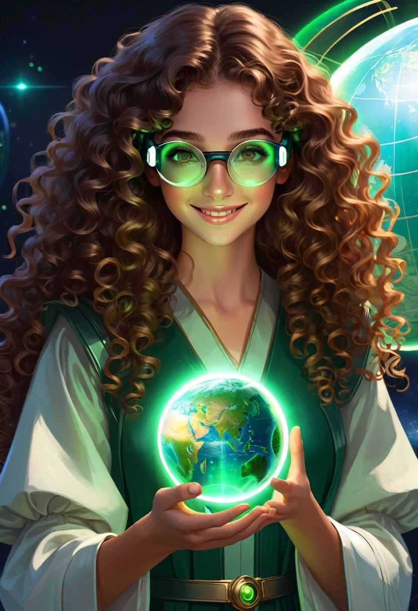 gemtech , Science-Fiction, internal reflections , transparent, inner details , Scholars , scroll, 1 girl,long hair, curly hair, glowing eyes, smile ,closed mouth, fire von hair hair, hold a globe , green eyes, holding virtual glasses as like VR , showing us the future