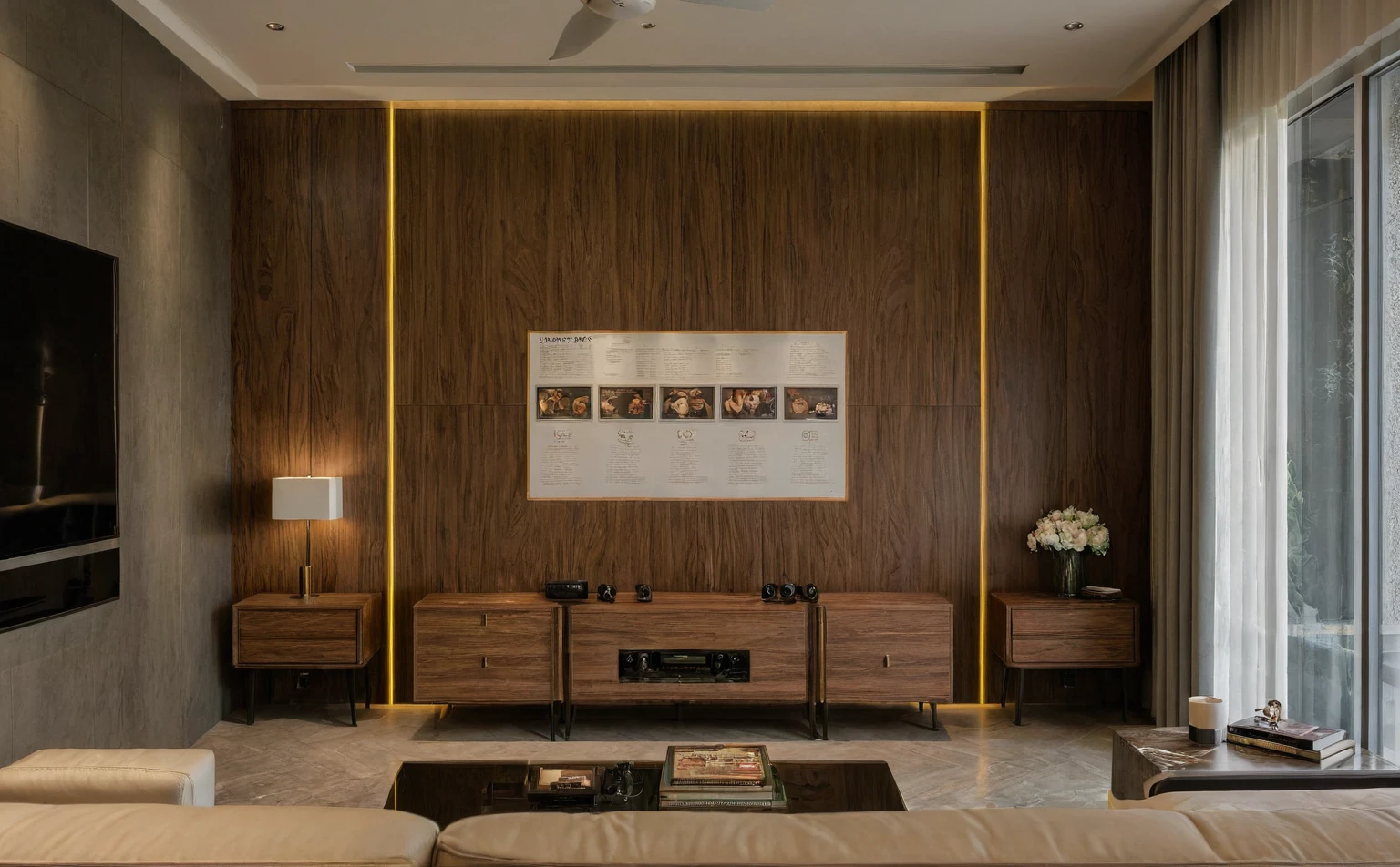Raw photo,Masterpiece, high quality, best quality, authentic, super detail, interior, indoors,  style Indochine modern, minimalist line, aiaigroup , wooden, walnut veneer wood, led light, white paint wall, sofa, BED RooM, day light, 